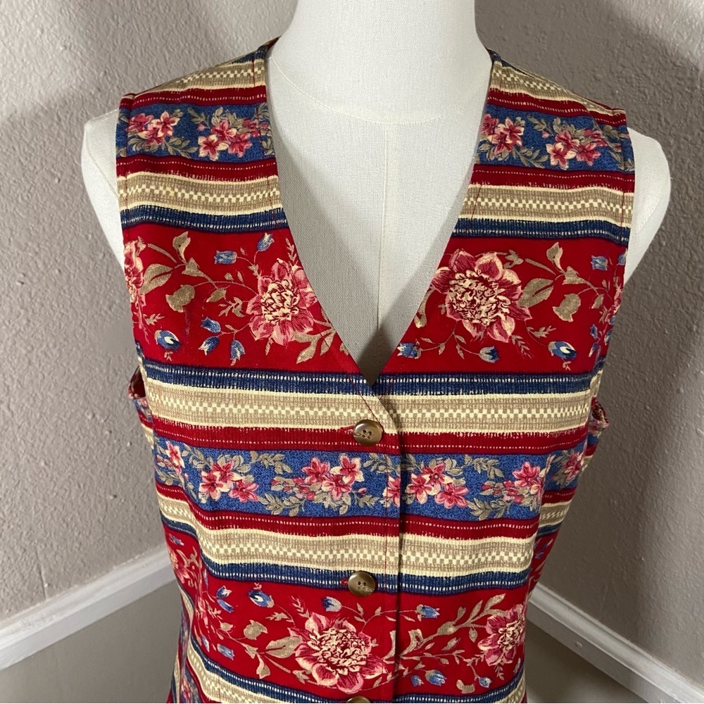 Vtg Talbots Red Floral Striped Button Up Vest Size Small - Picture 2 of 8